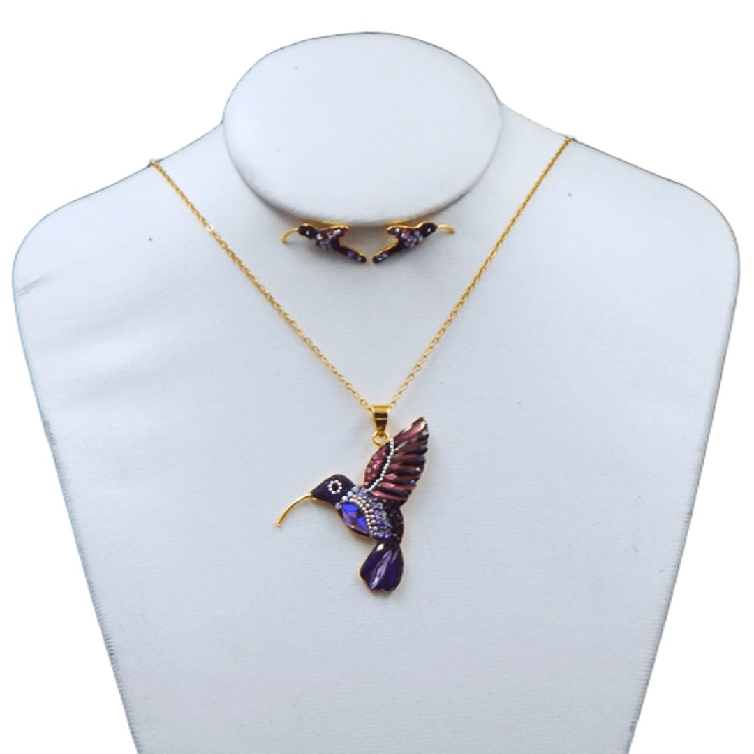 Juego de collar y aretes de colibri de perfil