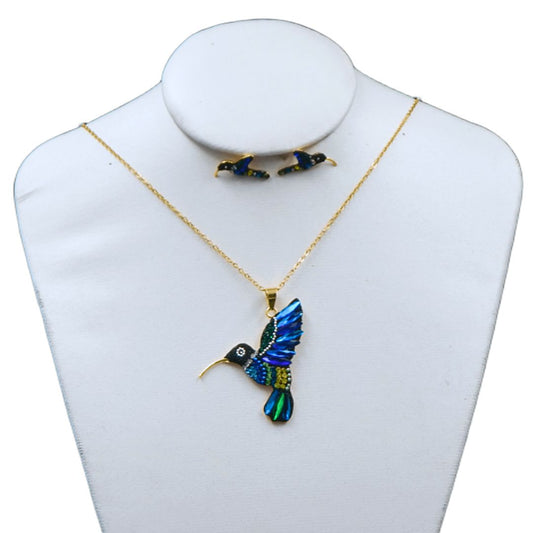 Juego de collar y aretes de colibri de perfil